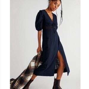 Free People Slow Pace Romantic Ruffles Femme Puff Sleeve Midi
Dress XS